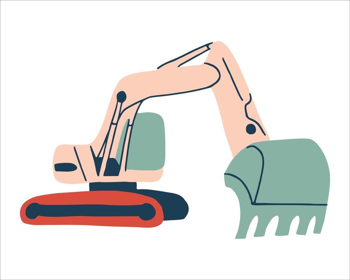 Hand drawn excavator. Industrial heavy machine in cartoon style vector