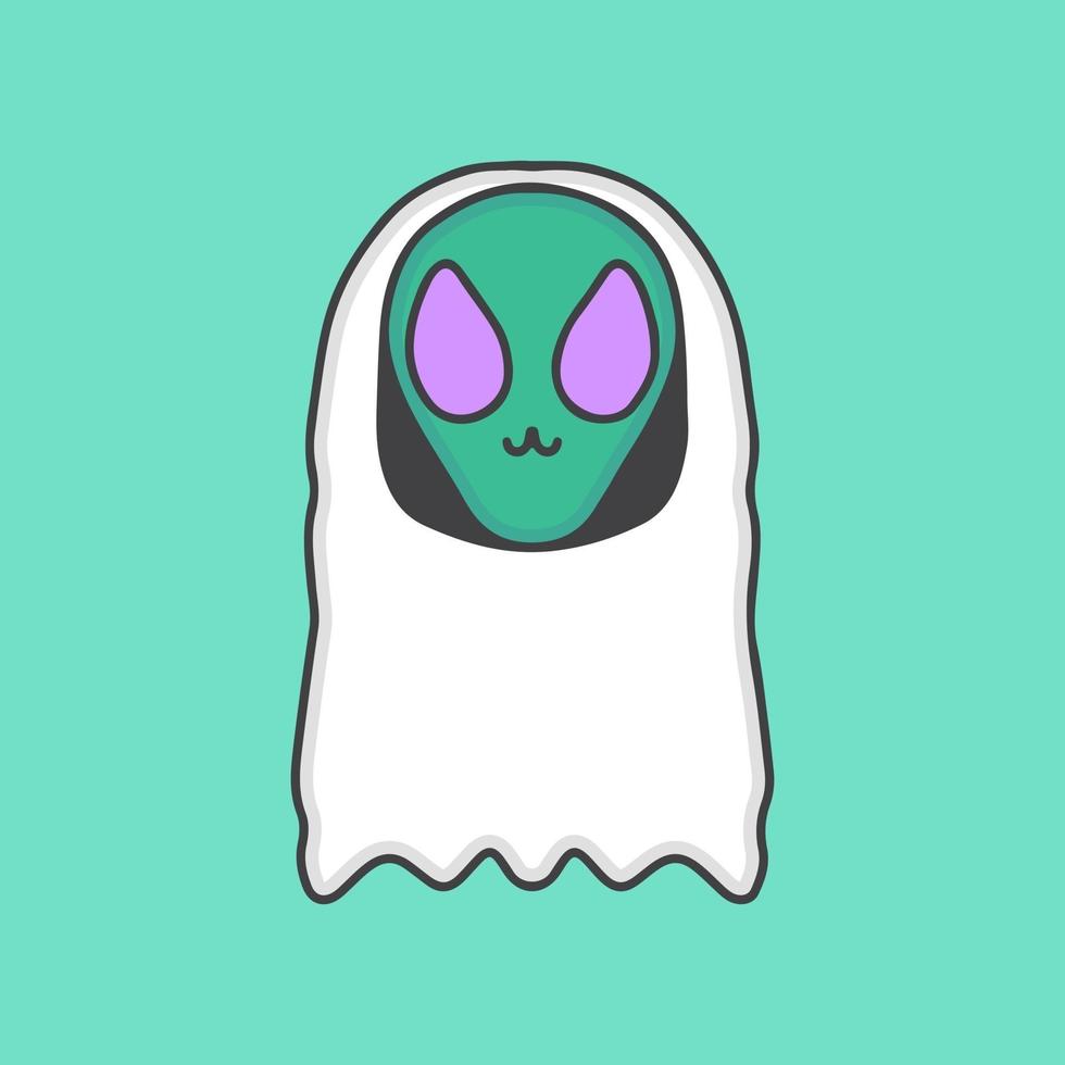 cute little alien wearing ghost costume cartoon, illustration for stickers and t shirt. vector