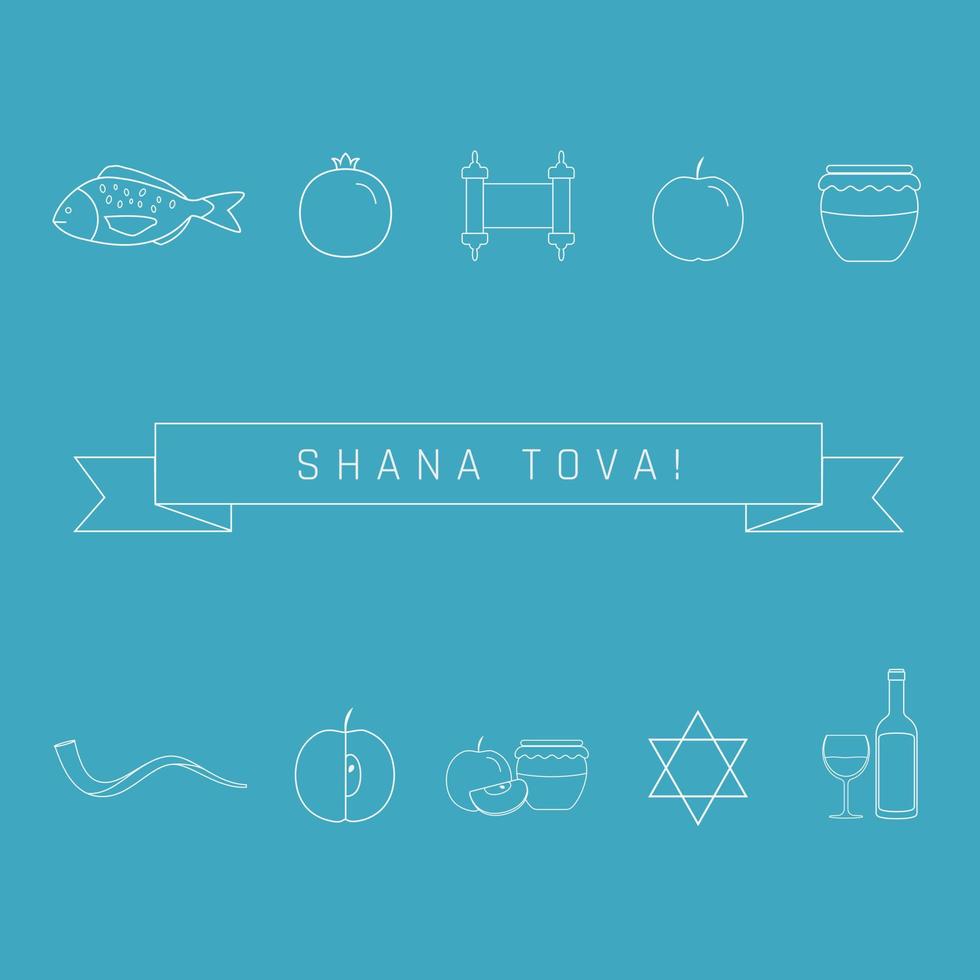 Rosh Hashanah holiday flat design white thin line icons set with text in english vector