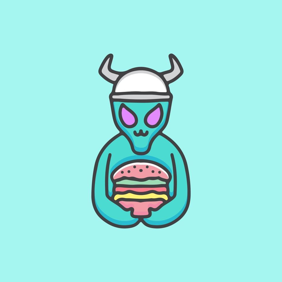 lindo extraterrestre vikingo con dibujos animados de hamburguesas, ilustración para pegatinas y camiseta. vector