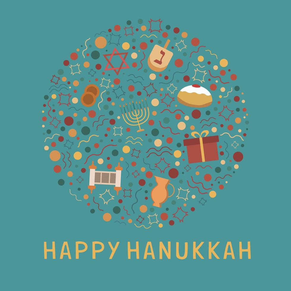 Hanukkah holiday flat design icons set in round shape with text in english vector