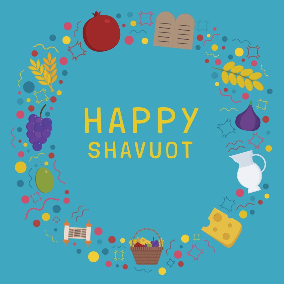 marco con iconos de diseño plano de vacaciones de Shavuot con texto en inglés vector