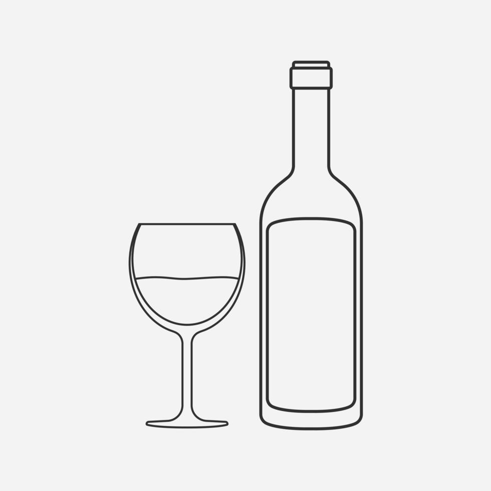 Wine bottle and glass flat black outline design icon vector