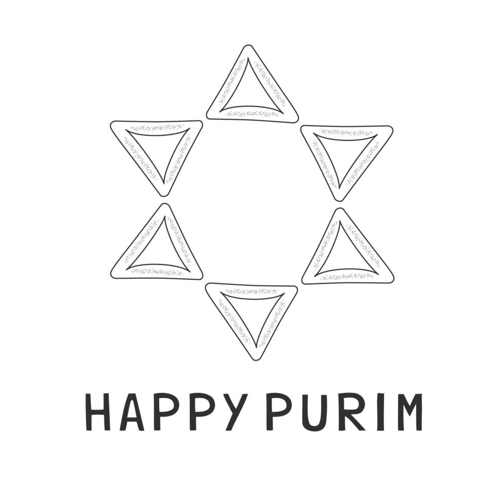 Purim holiday flat design iconos de líneas finas negras de hamantashs en forma de estrella de david con texto en inglés vector