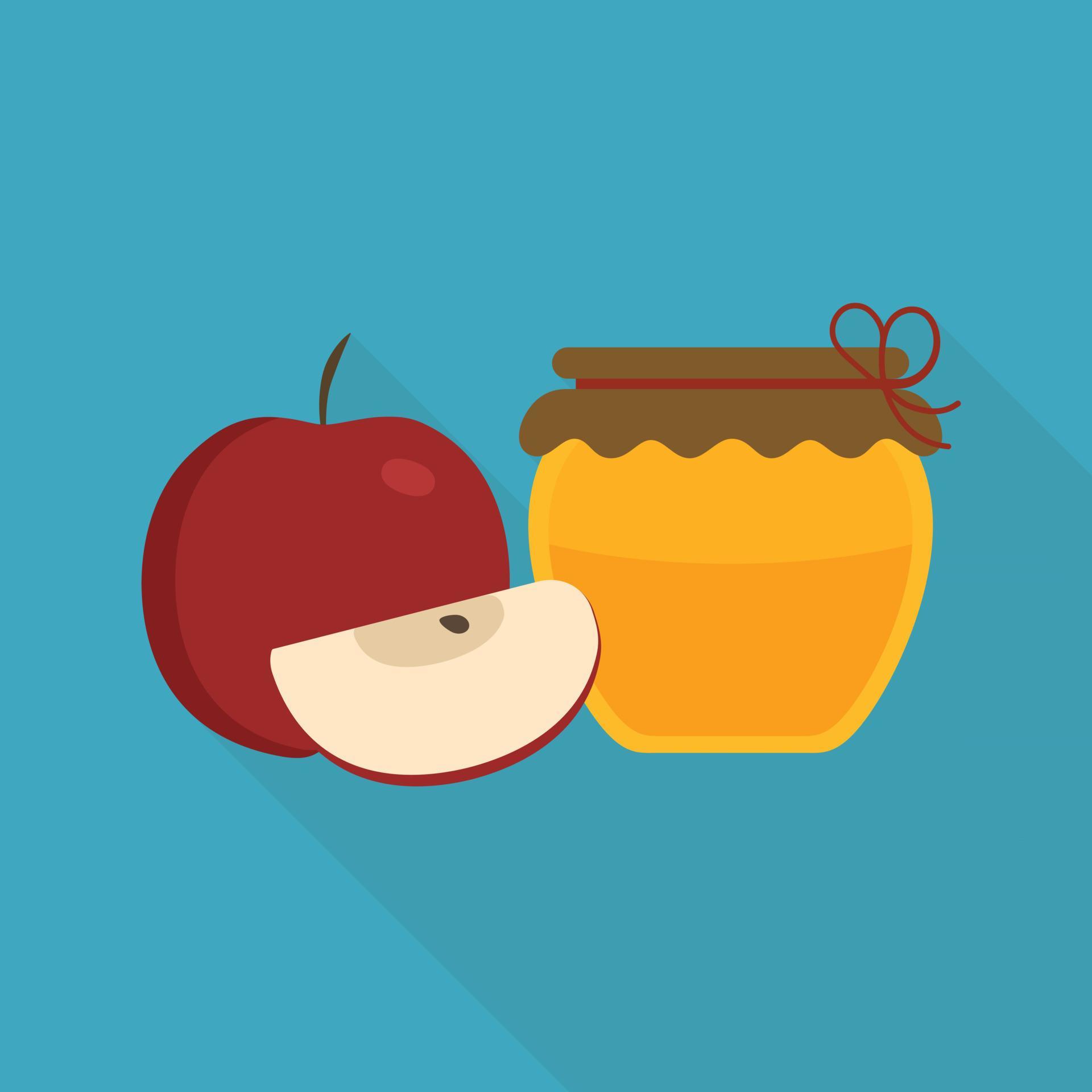 Whole and slice red apples and honey jar icon in flat long shadow