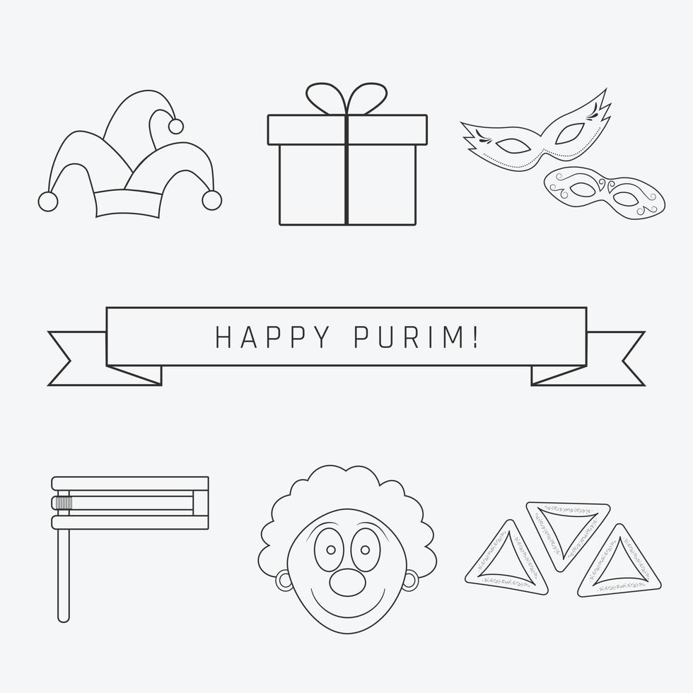 Purim holiday flat design black thin line icons set with text in english vector