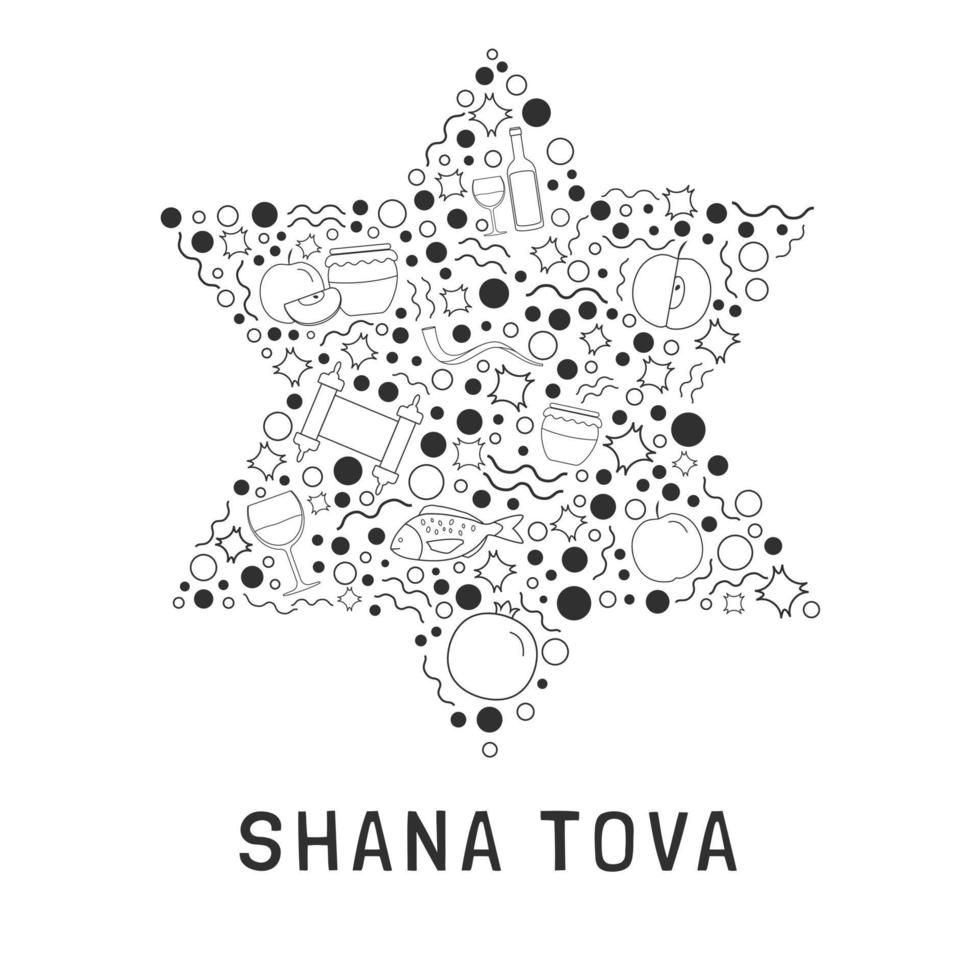 Iconos de línea fina negra de diseño plano de vacaciones de Rosh Hashaná en forma de estrella de David con texto en inglés vector