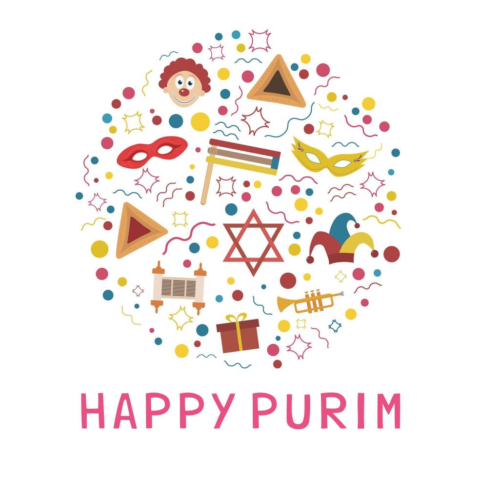 Purim holiday flat design icons set in round shape with text in english vector