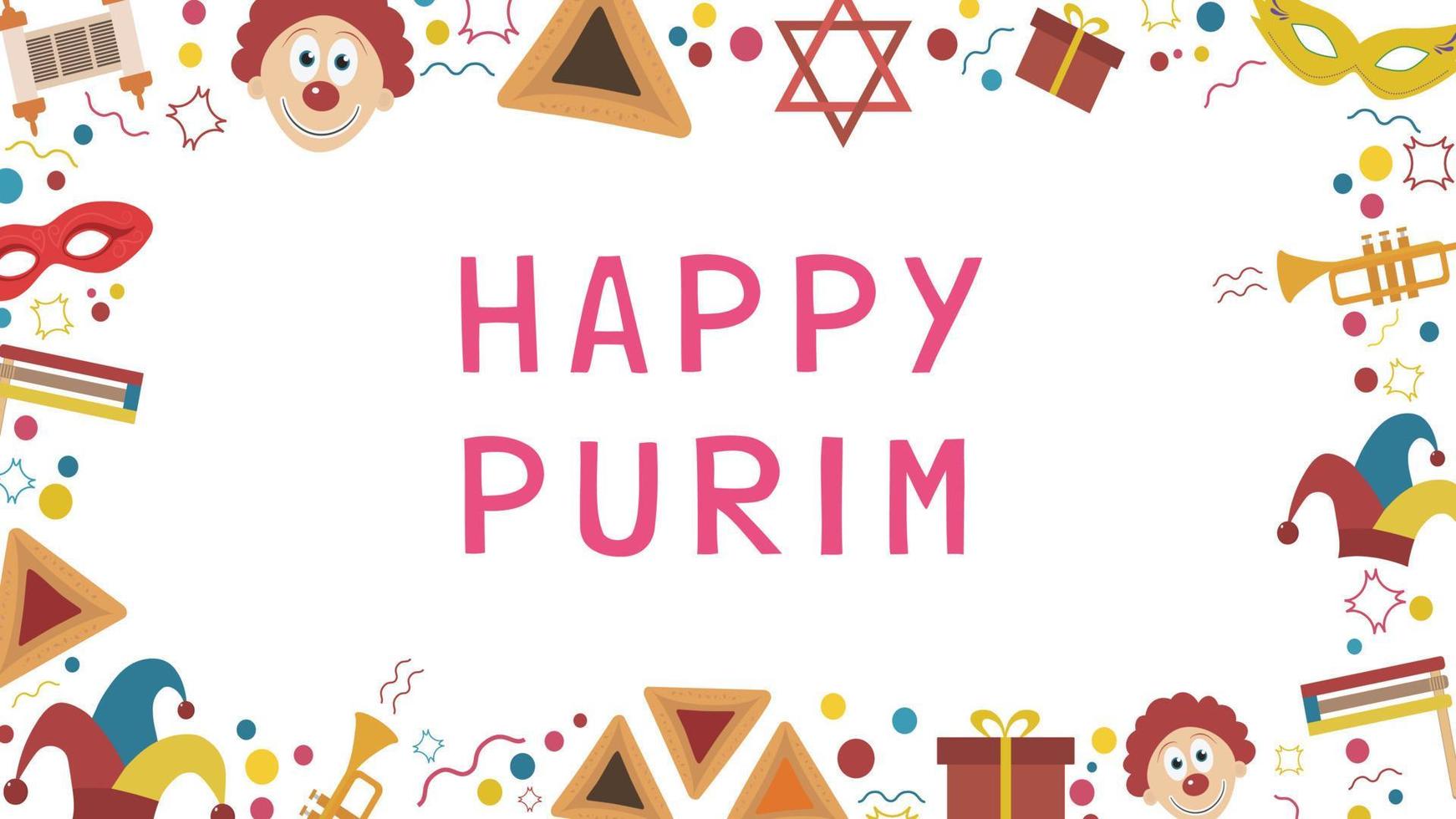 Frame with purim holiday flat design icons with text in english vector
