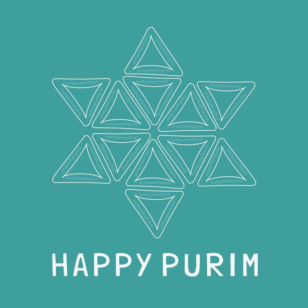 Purim holiday flat design iconos de línea fina blanca de hamantashs en forma de estrella de david con texto en inglés vector