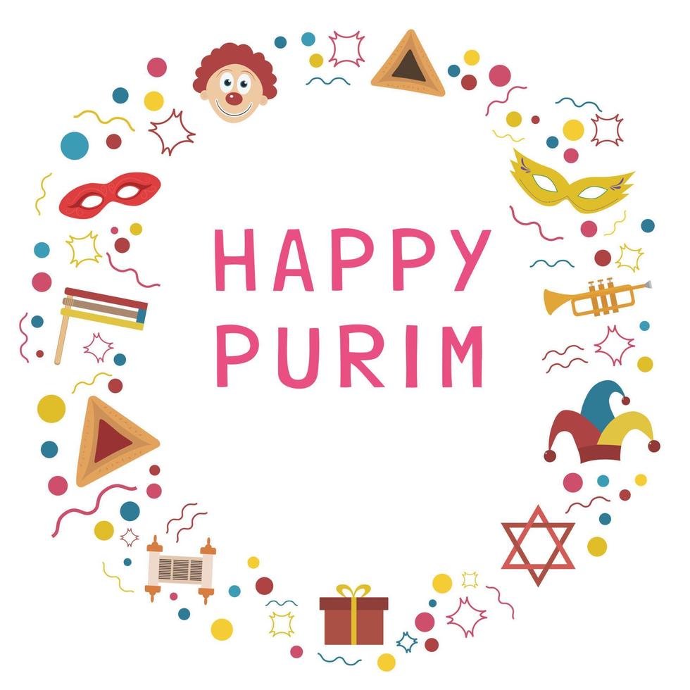 Marco con iconos de diseño plano de vacaciones de Purim con texto en inglés vector