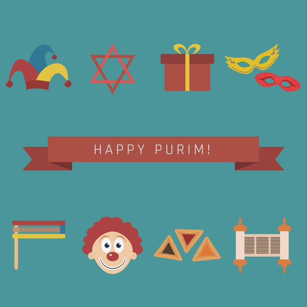 Iconos de diseño plano de vacaciones de Purim con texto en inglés vector