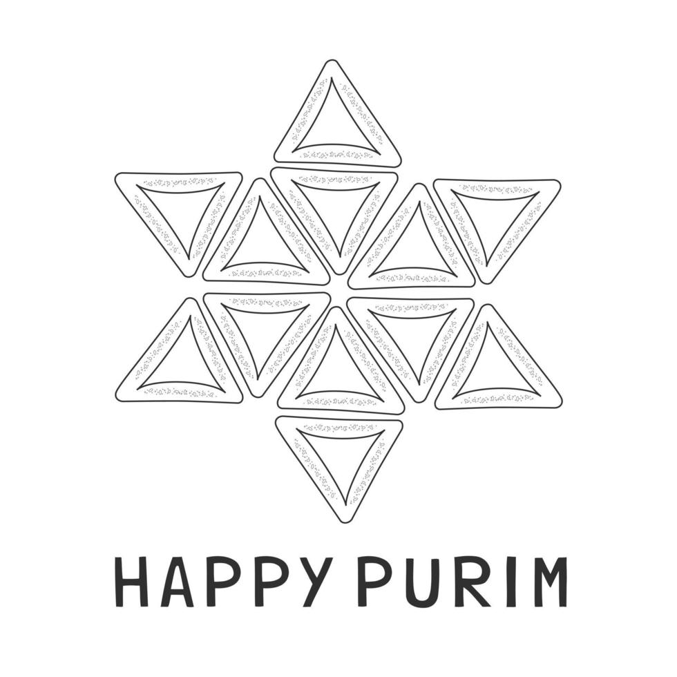 Purim holiday flat design iconos de líneas finas negras de hamantashs en forma de estrella de david con texto en inglés vector