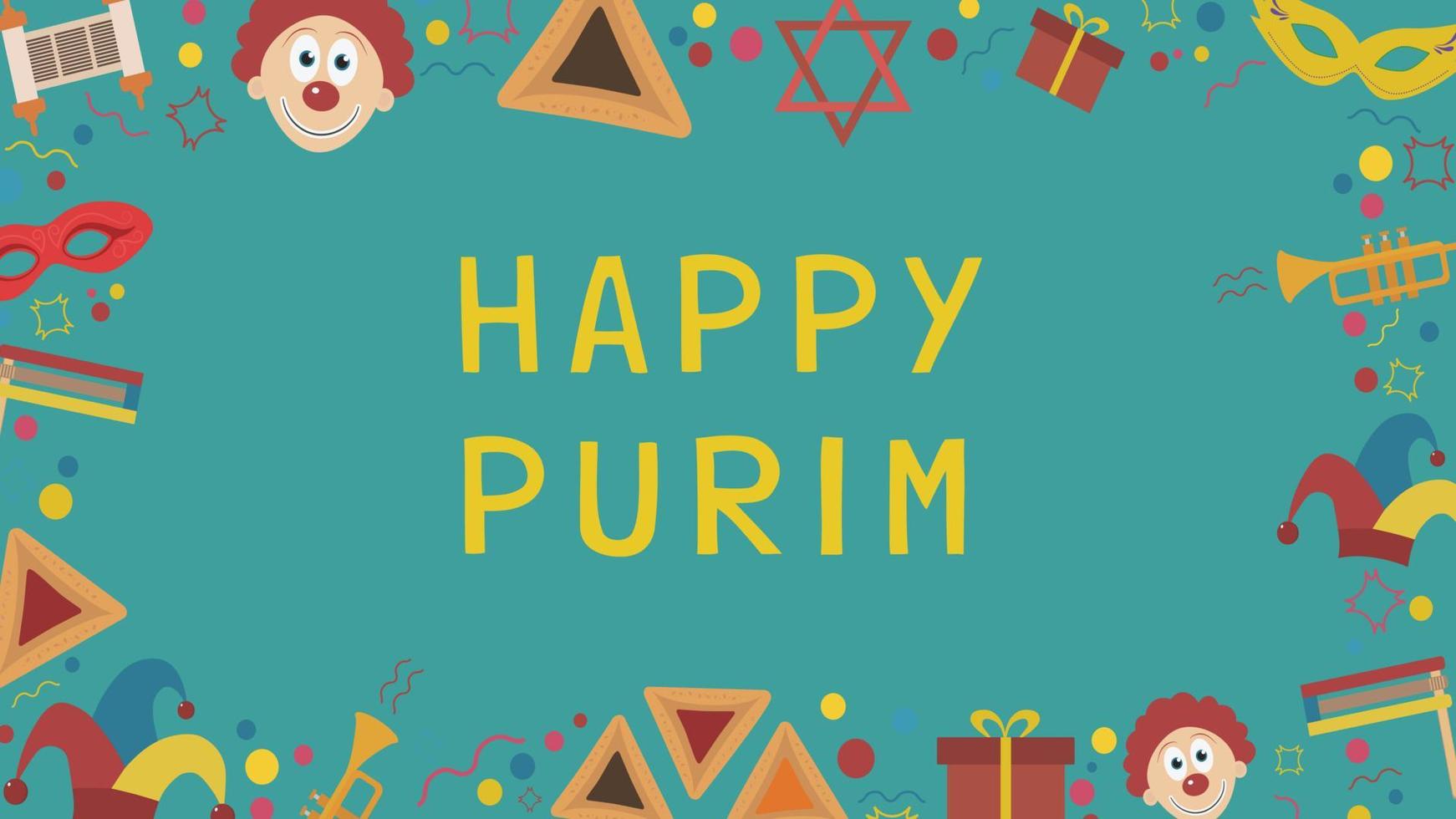 Frame with purim holiday flat design icons with text in english vector