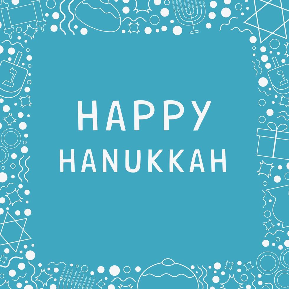 marco con diseño plano de vacaciones de hanukkah iconos de líneas finas blancas con texto en inglés vector