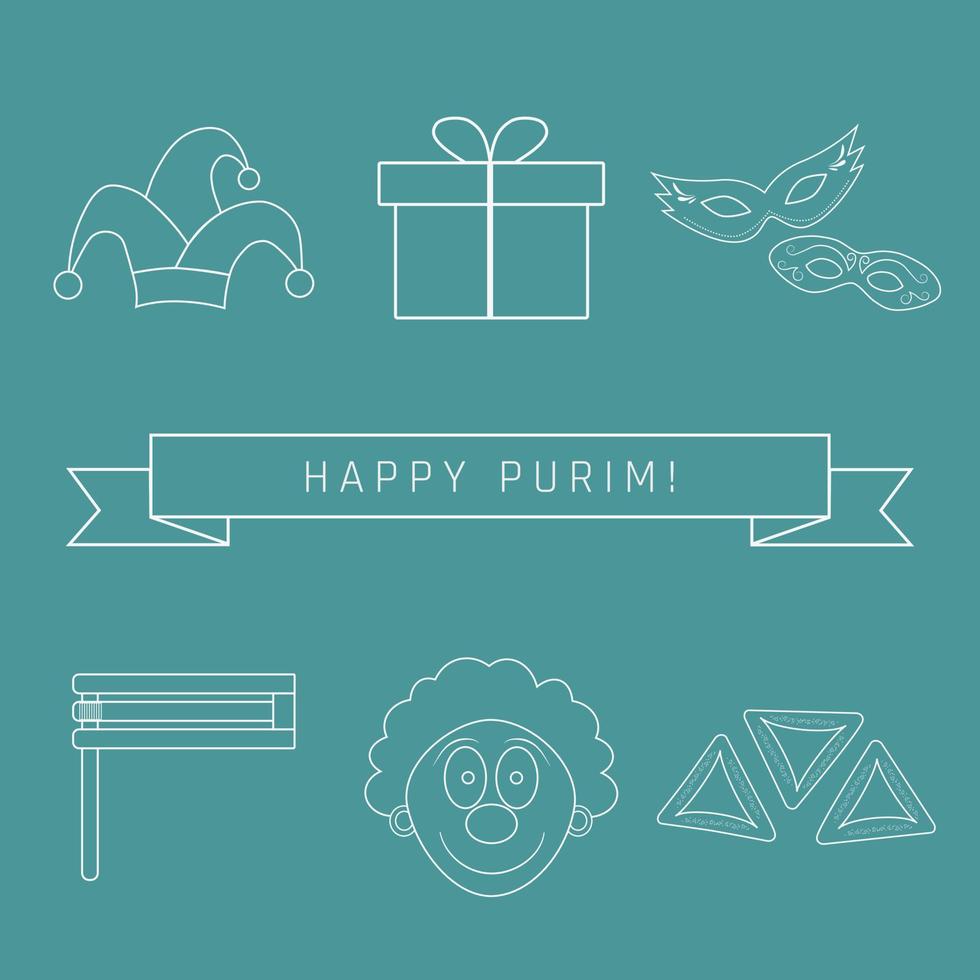 Iconos de línea fina blanca de diseño plano de vacaciones de Purim con texto en inglés vector