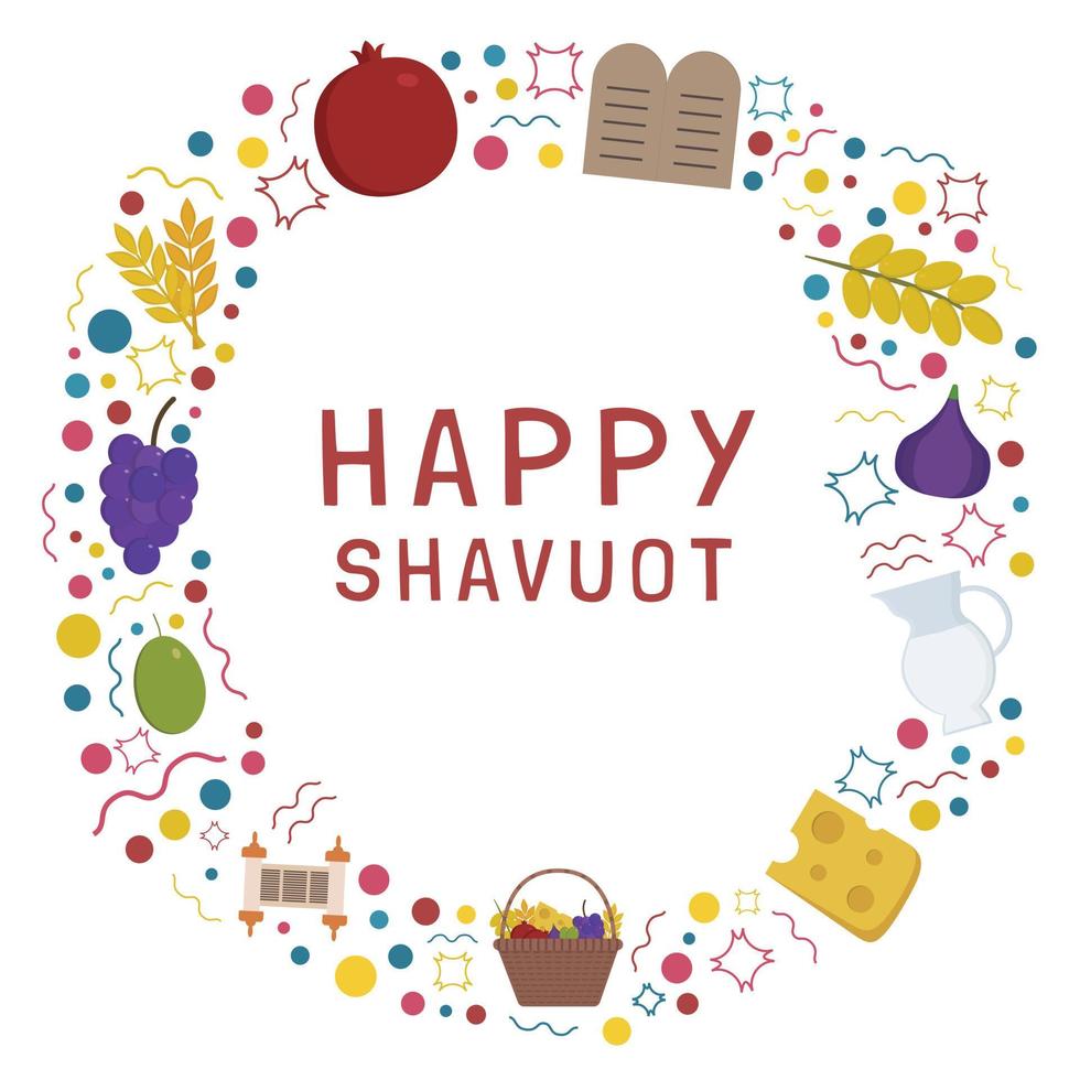 marco con iconos de diseño plano de vacaciones de Shavuot con texto en inglés vector