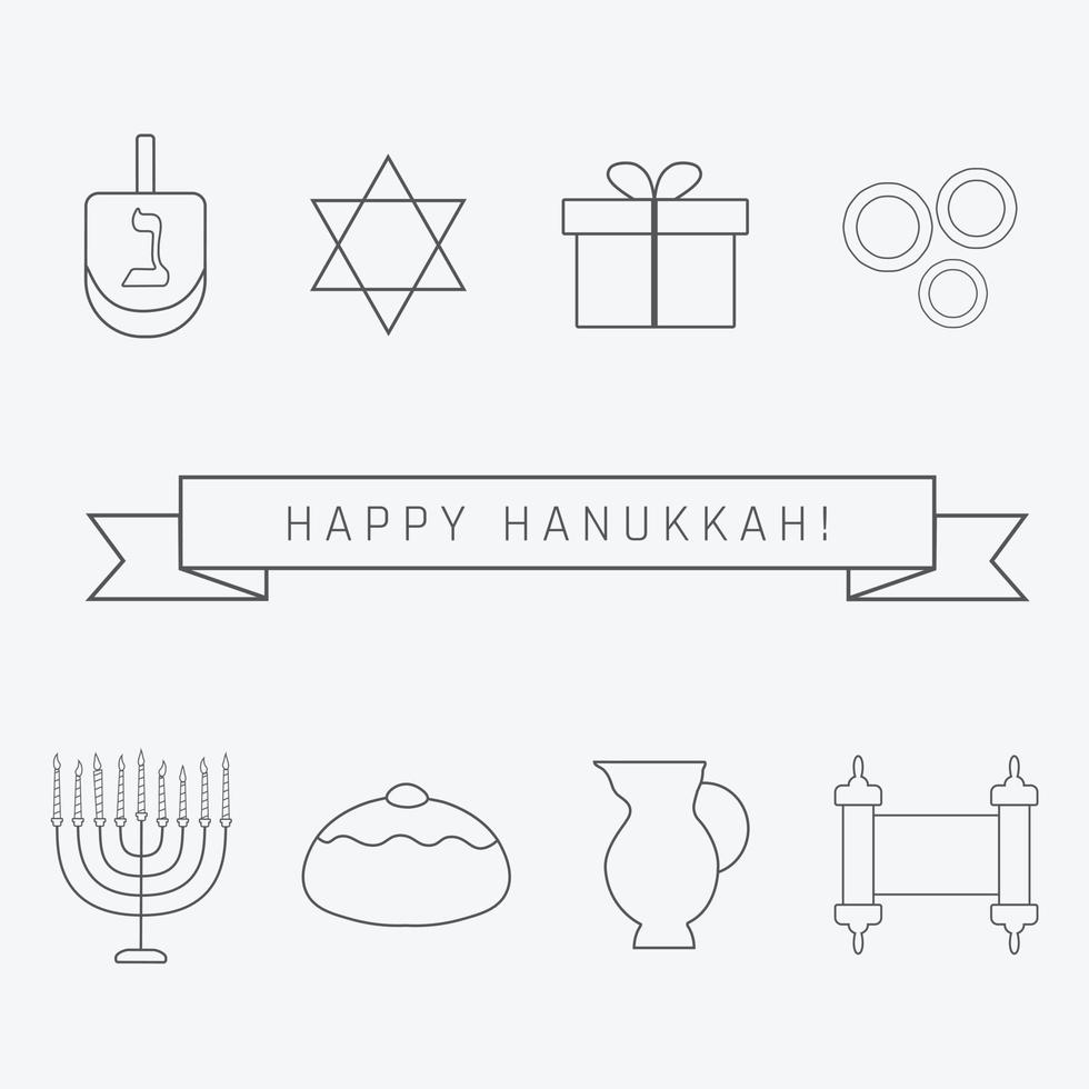 Hanukkah holiday flat design black thin line icons set with text in english Happy Hanukkah vector