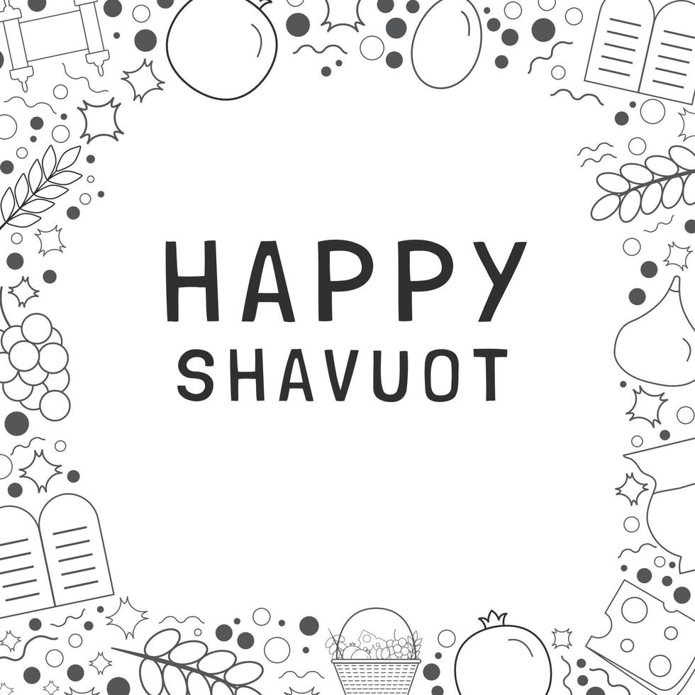 Marco con iconos de línea fina negra de diseño plano de vacaciones de Shavuot con texto en inglés vector