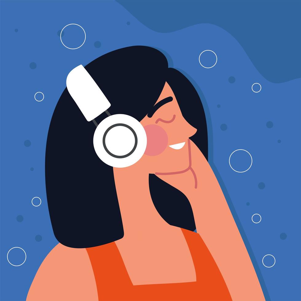 young woman using headphones vector