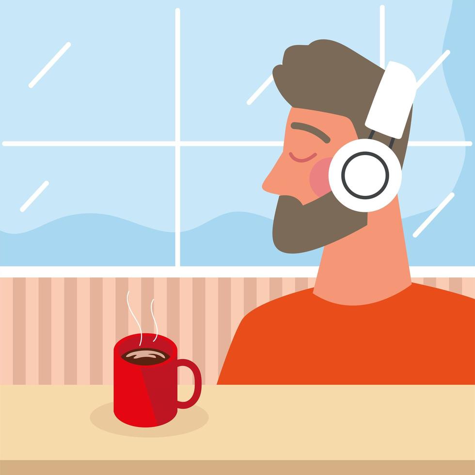 man using earphones with coffee vector