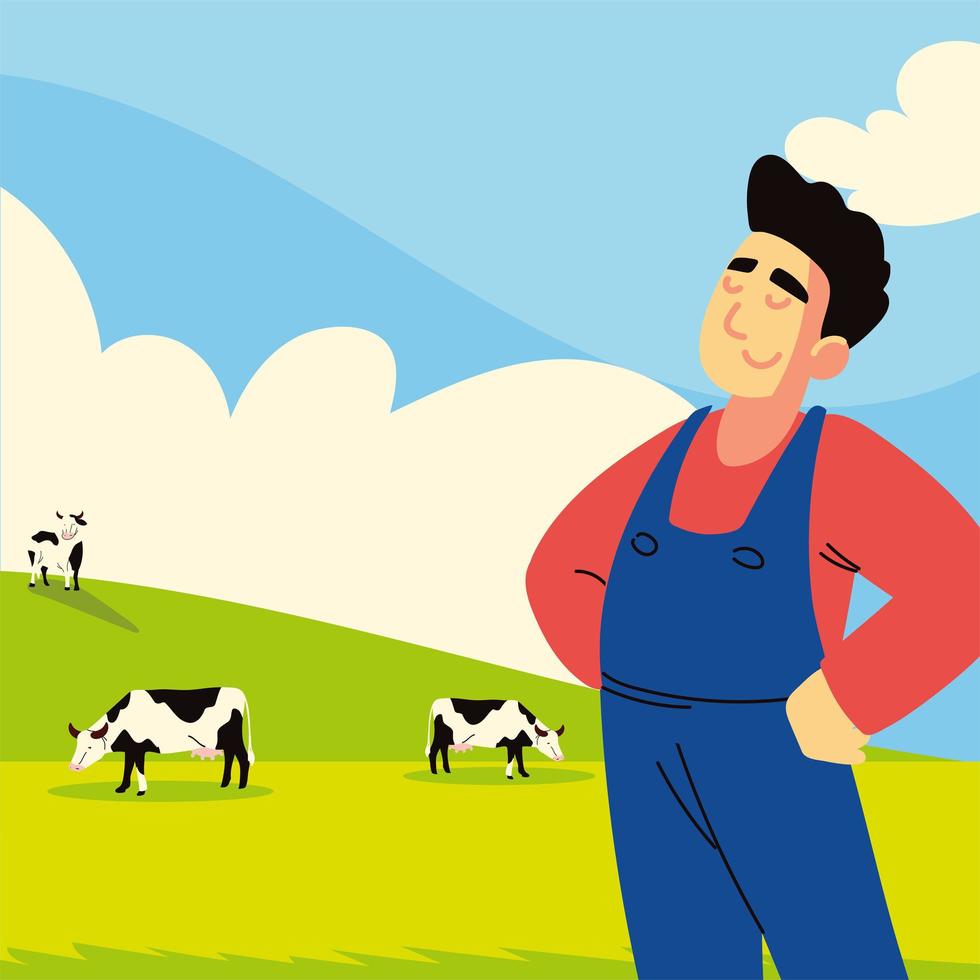 farmer and cow in field vector