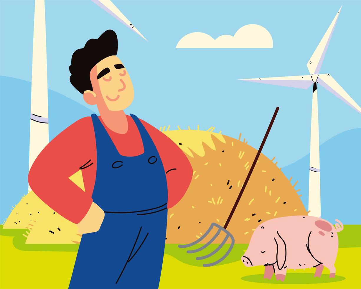 dibujos animados de granjero y cerdo vector