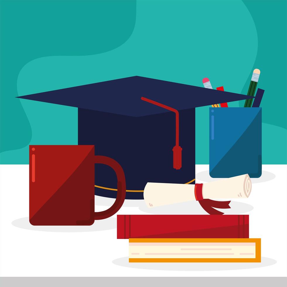 sombrero de graduación y libros vector