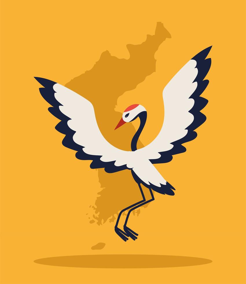mapa coreano y pájaro grúa vector