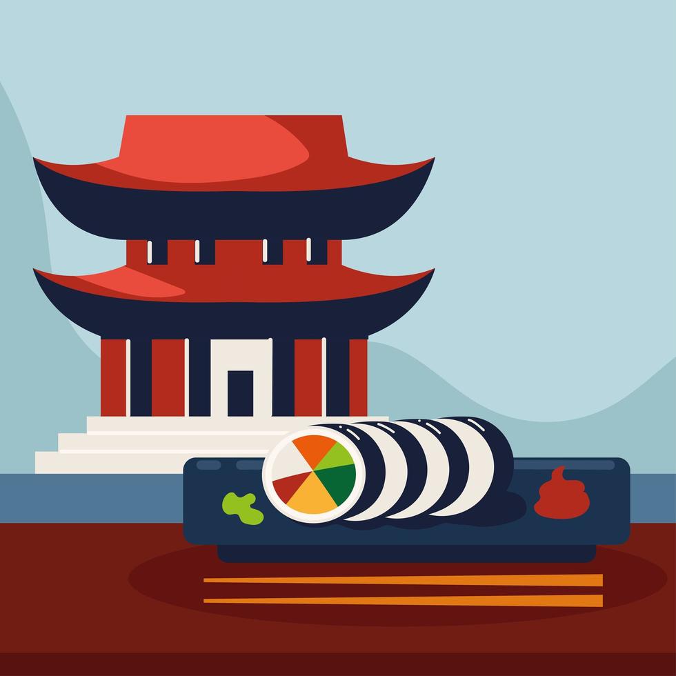 edificio de pagoda y sushi. vector