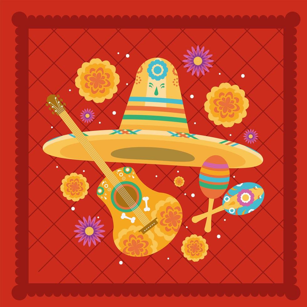 mexican guitar and hat vector