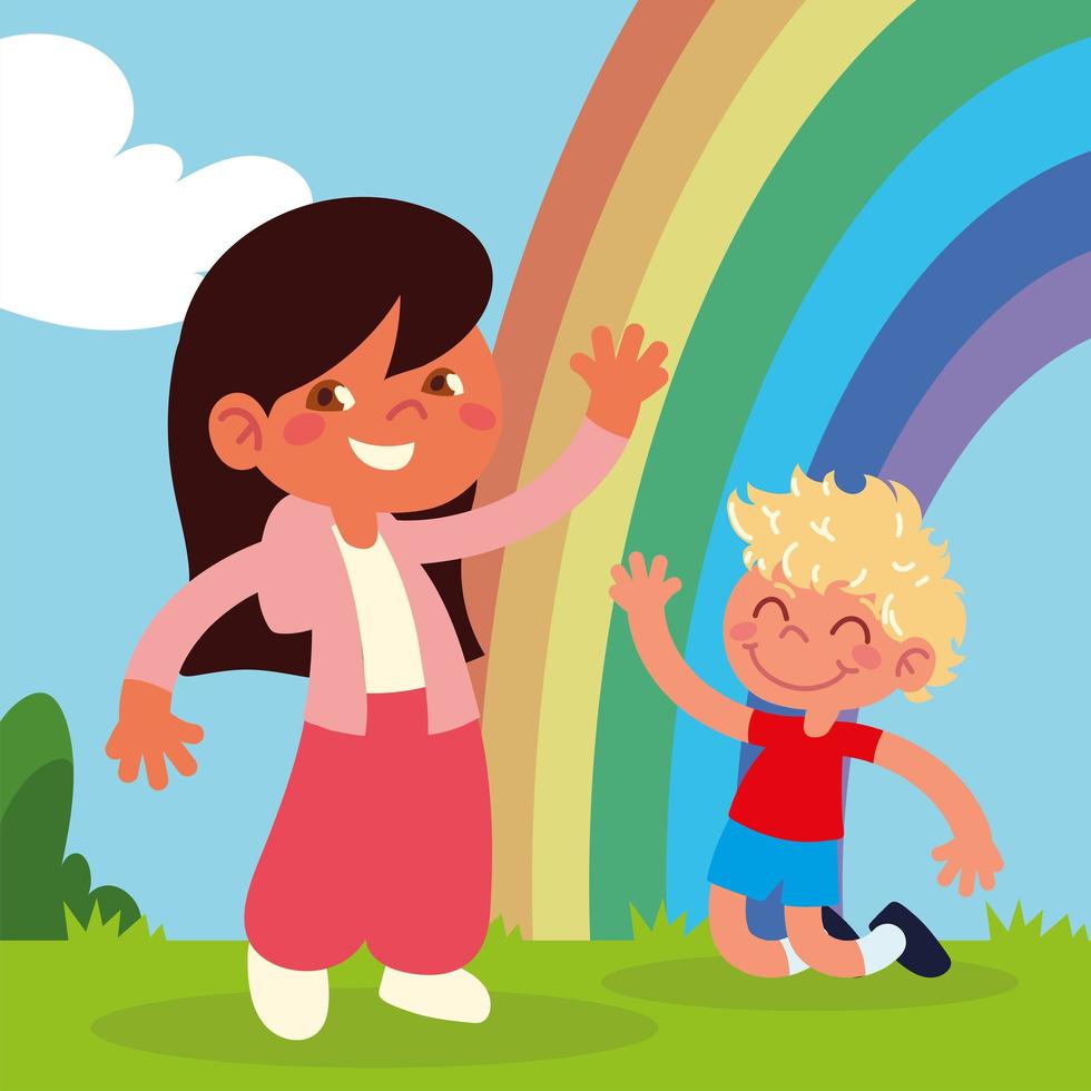 happy kids with rainbow vector