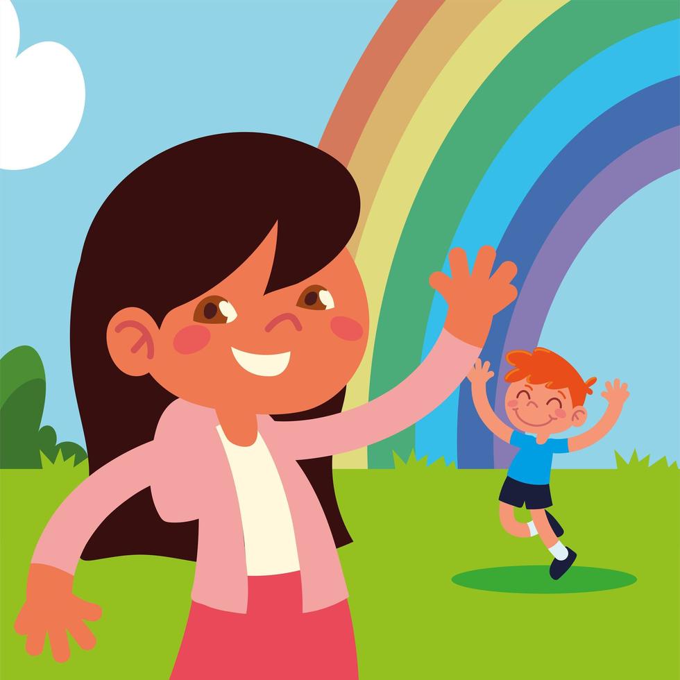 celebrating kids with rainbow vector