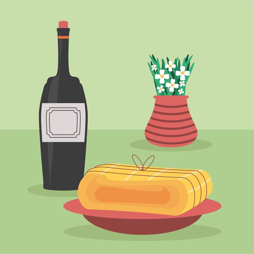 wine food and flowers vector