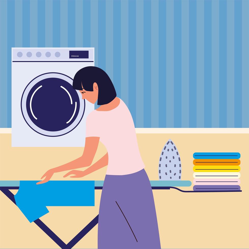 woman ironing clothes on table vector