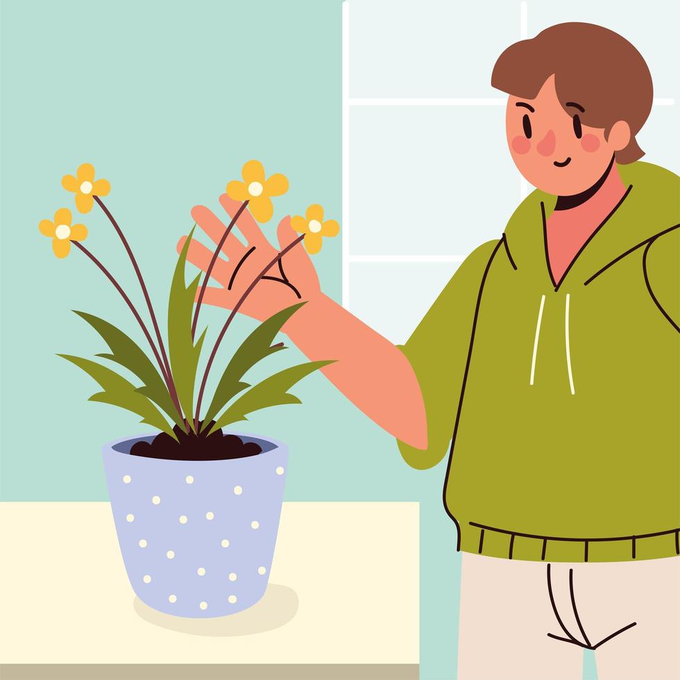 young man and houseplant care vector