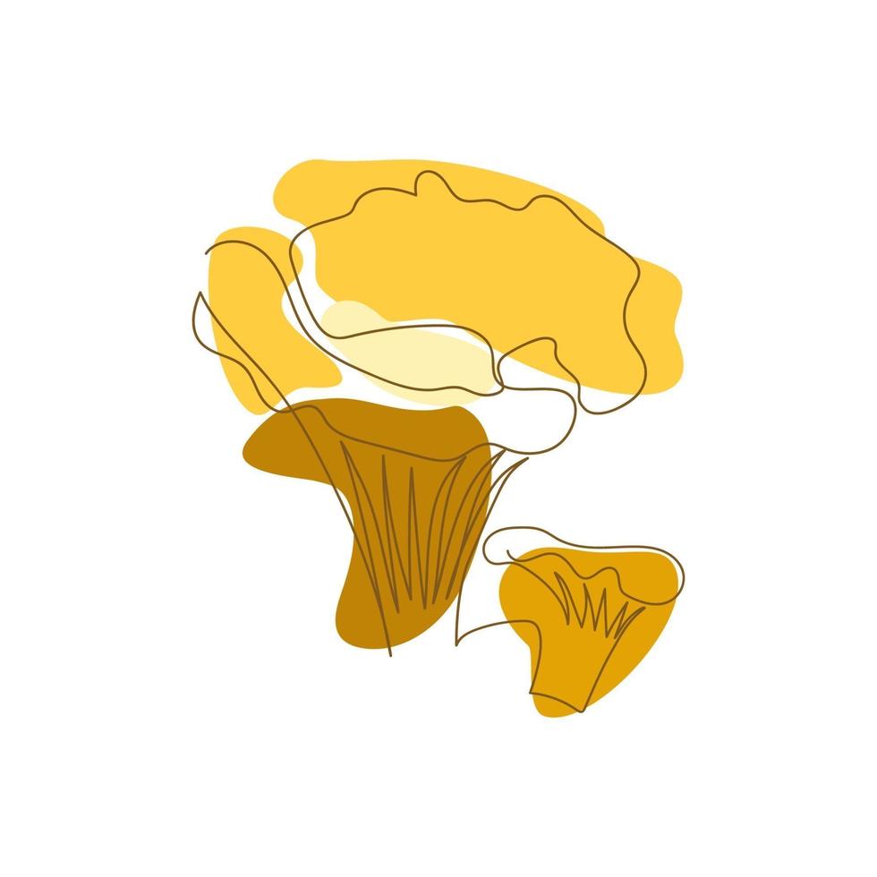contour two chanterelle mushrooms are drawn by one line on a background of orange abstract spots on a white background vector