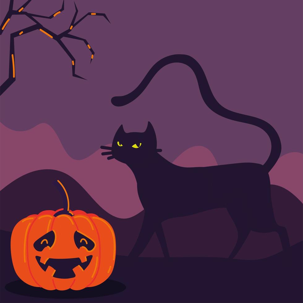 halloween pumpkin and cat vector