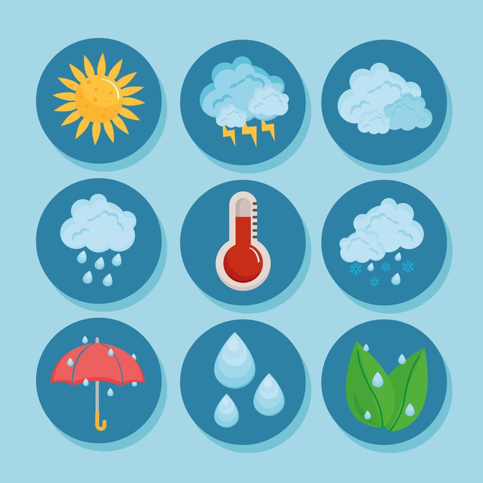 pronóstico del tiempo nueve iconos vector