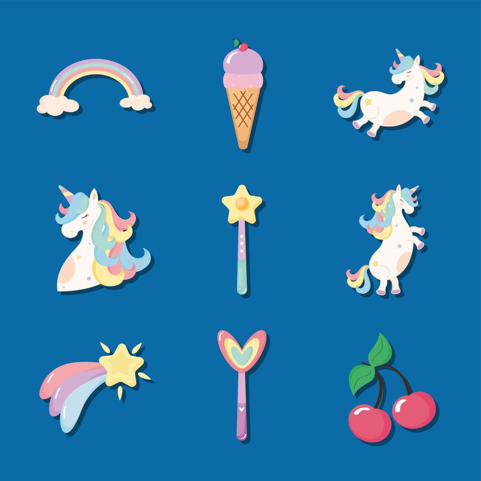 nine cute unicorns icons vector