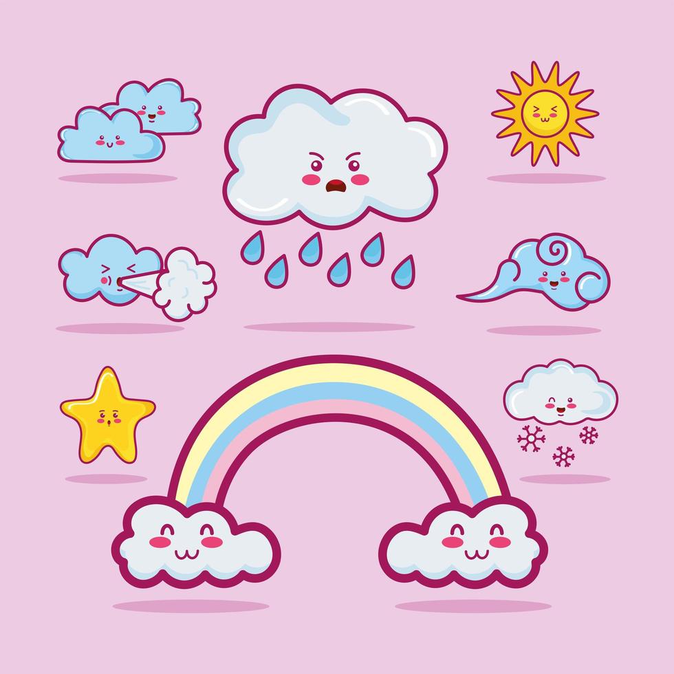 eight kawaii clouds characters vector