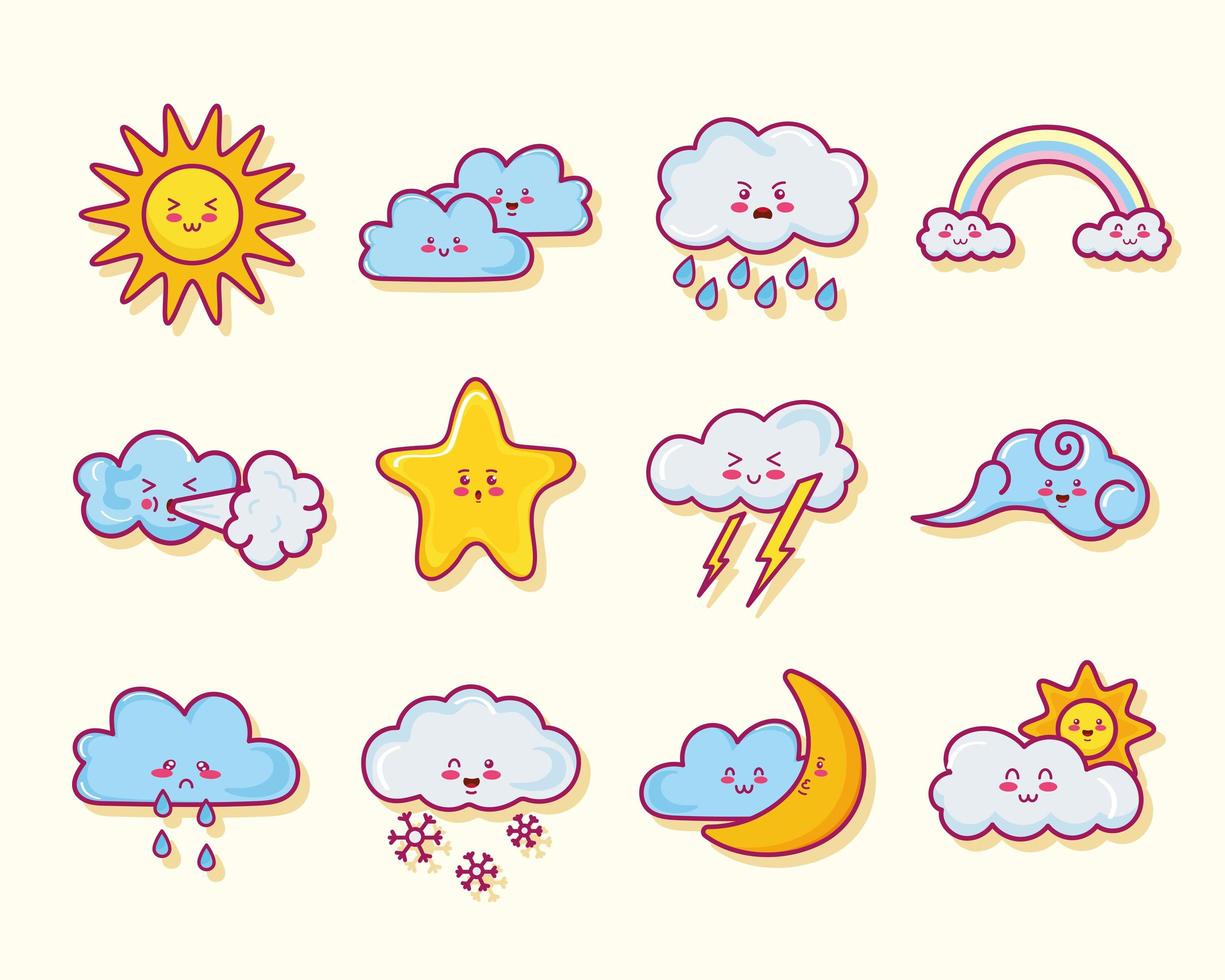 twelve kawaii clouds characters vector