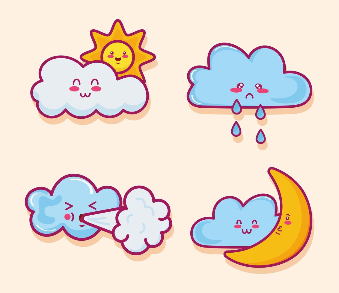 kawaii clouds four characters vector