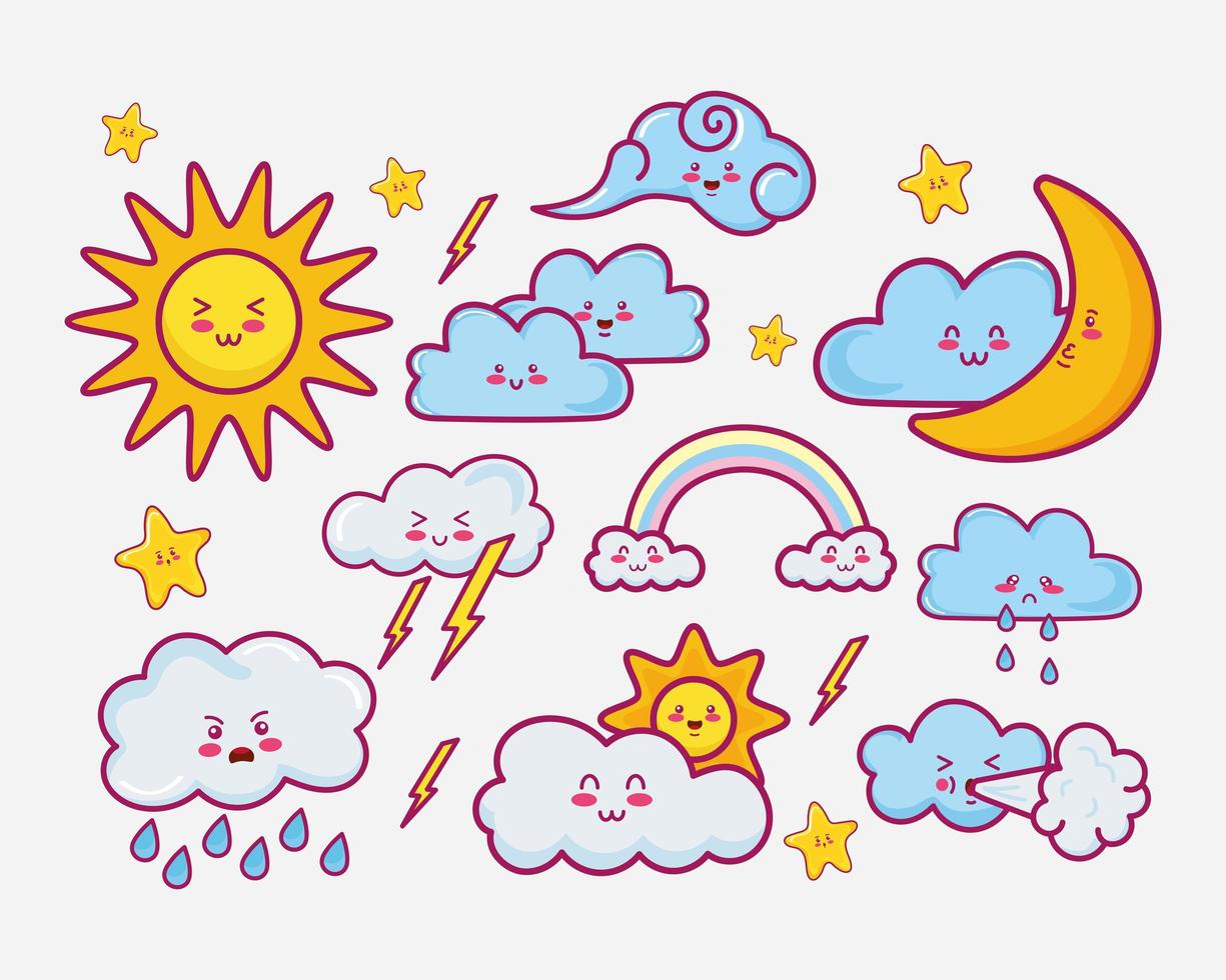 ten kawaii clouds characters vector