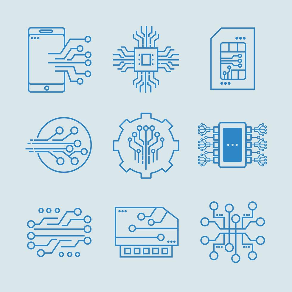 nueve iconos de circuitos electrónicos vector