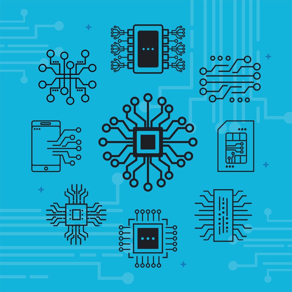 electronic circuits nine icons vector