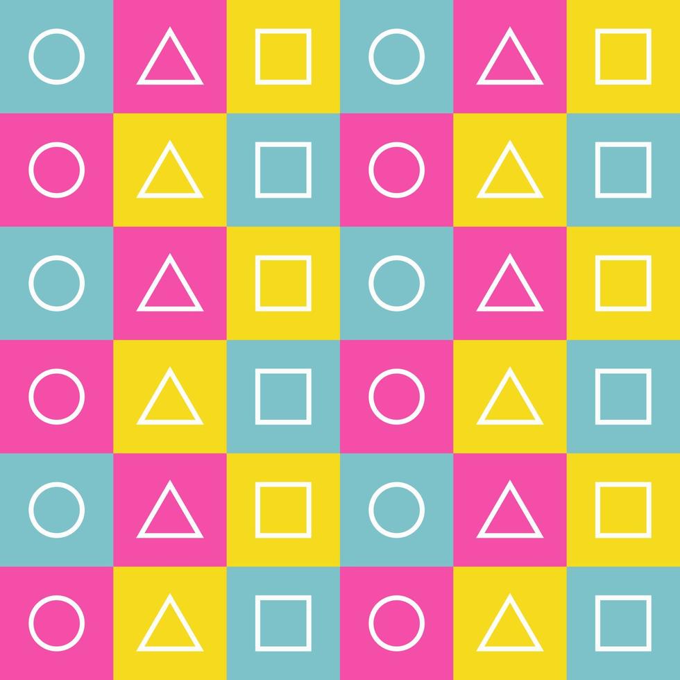 Seamless geometry pattern. Circle, triangle, square tile on pink teal yellow background vector