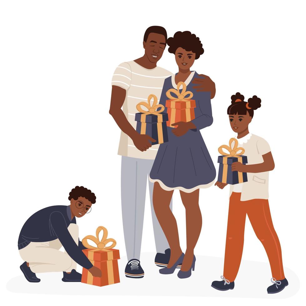 familia afroamericana con regalos para navidad y año nuevo. ilustración vectorial plana aislada vector