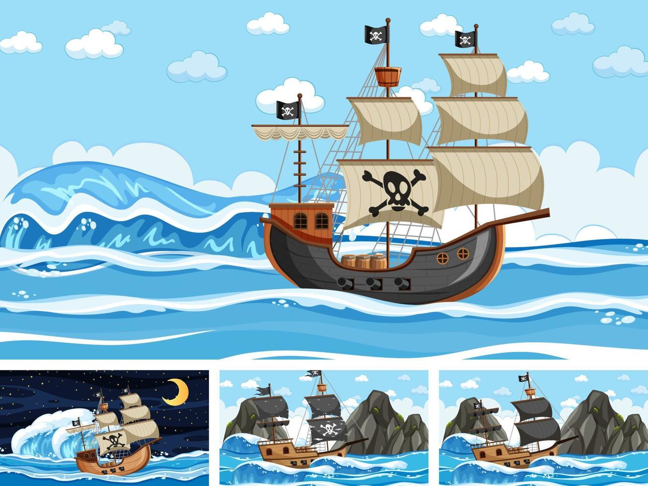 Set of ocean scenes at different times with Pirate ship in cartoon style vector