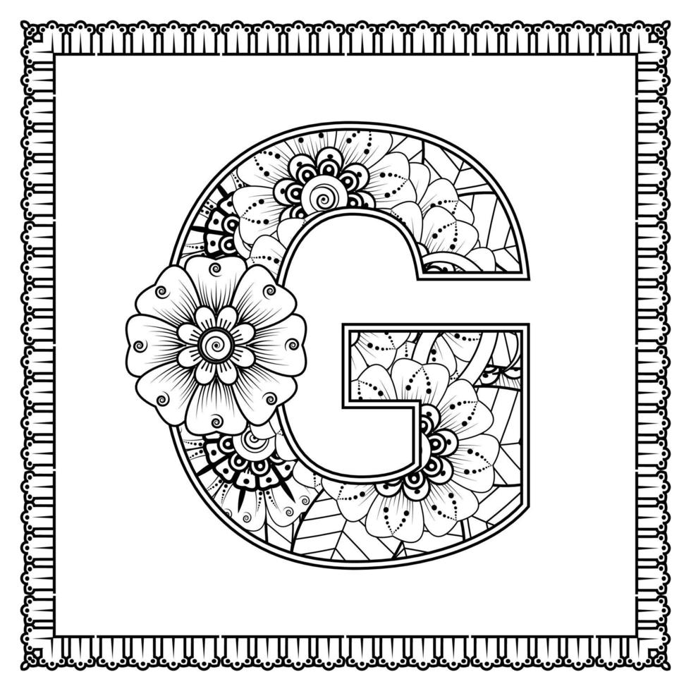Letter G made of flowers in mehndi style. coloring book page. outline hand-draw vector illustration.